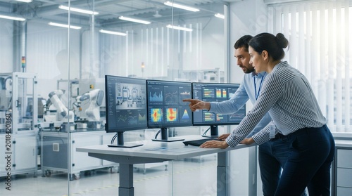 Two engineers analyzing data on multiple computer screens in an industrial setting