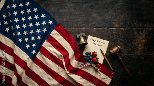 American flag with July 4th declaration and gavel on wood