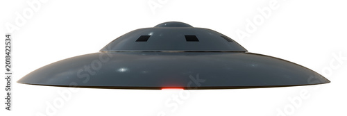 Schilderij op canvas Recreated 3d Image of a classic flying saucer UFO, UAP with red lights on a transparent background