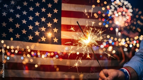 American flag with sparklers and fireworks