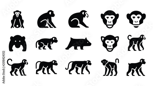 Modern primate silhouette set featuring monkey faces and various species in motion.