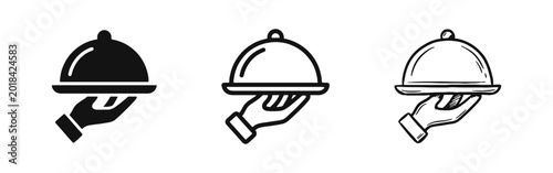 Foto Waiter hand with cloche icons set, restaurant and catering service symbols in fl