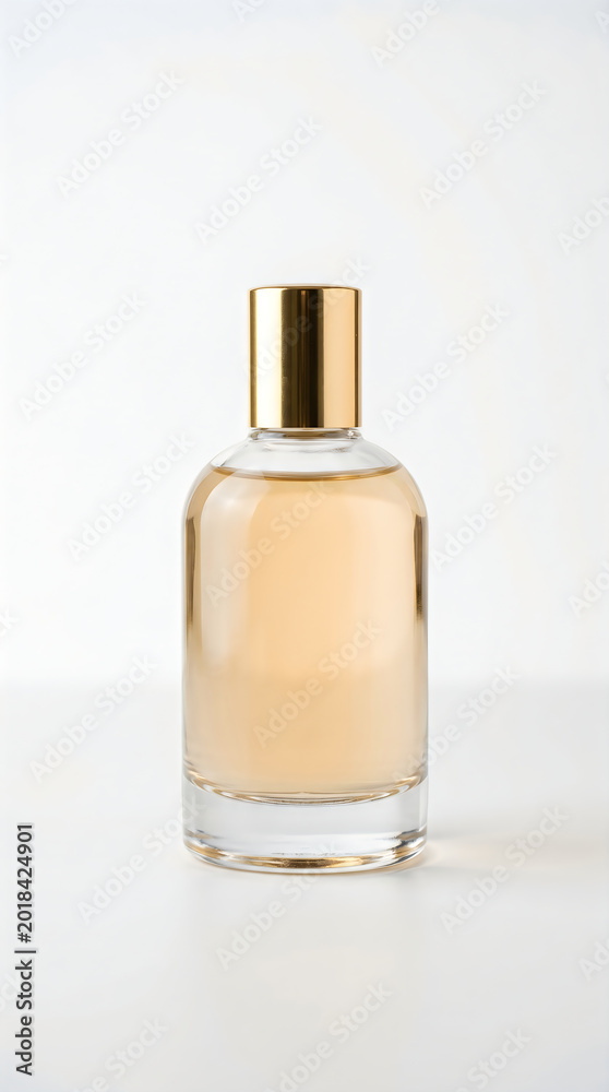 Naklejka premium Elegant Glass Perfume Bottle with Gold Cap on White Background