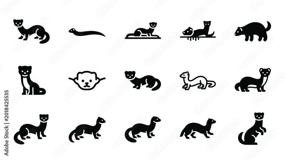 Obraz premium Marten and weasel silhouette icons set for wildlife projects.