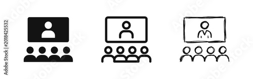 Tableau sur toile Webinar and video conference icons, audience watching screen in flat, outline an