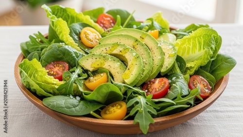 Fresh Green Salad with Avocado and Cherry Tomatoes in a Wooden Bowl.