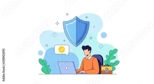 Modern Young Man Working on Laptop with Security Shield in Abstract Digital Workspace