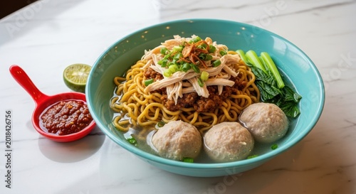Delicious Indonesian Mie Ayam Bakso with Noodles Chicken Meatballs and Vegetables.
