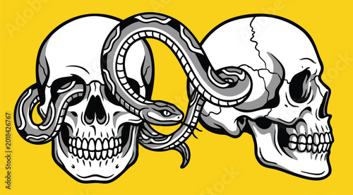 Obraz na płótnie Illustration of two skulls entwined by a snake on yellow background