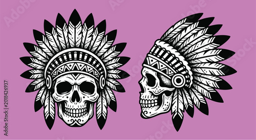 Schilderij op canvas Detailed skull illustrations with tribal headdresses on purple background