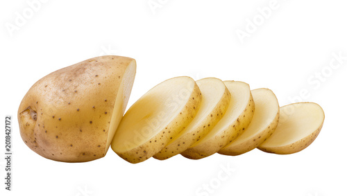 Fotografija Rough textured brown potato with sliced segments arranged in row