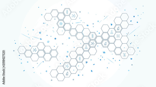 Hexagonal grid pattern incorporates scientific icons to symbolize complex network structures and data connectivity models.