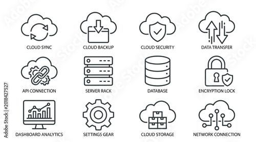 Cloud computing icons illustrate various server storage and network security processes for modern technical infrastructure.