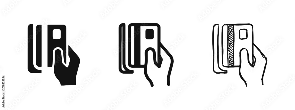 Obraz premium Credit Card Payment Transaction Icon Set with Hand and Card Reader Terminal