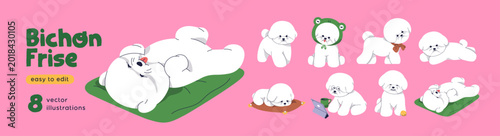 Sweet puppy of Bichon Frise breed set. Cute baby dog, fuzzy pup sleeping, rel...