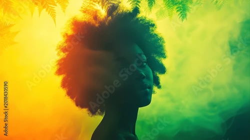 Slow motion tracking shot of woman turning head through colored smoke and fern leaves in studio portrait