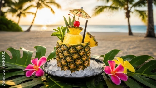 Tropical Pineapple Cocktail on a Beach at Sunset.