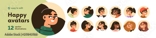 Happy people avatars in circles set. Head portraits of smiling young men and ...