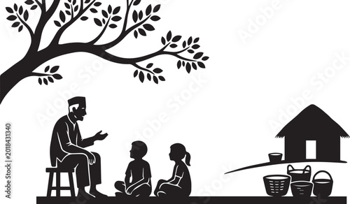 Tableau sur toile Wise Village Elder Storytelling Children Silhouettes