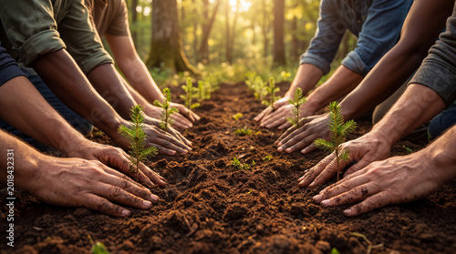 Diverse Human Hands Planting Green Saplings Together in Rich Fertile Soil with Golden Forest Light, Reforestation Tree Planting and Environmental Conservation Concept, 4K