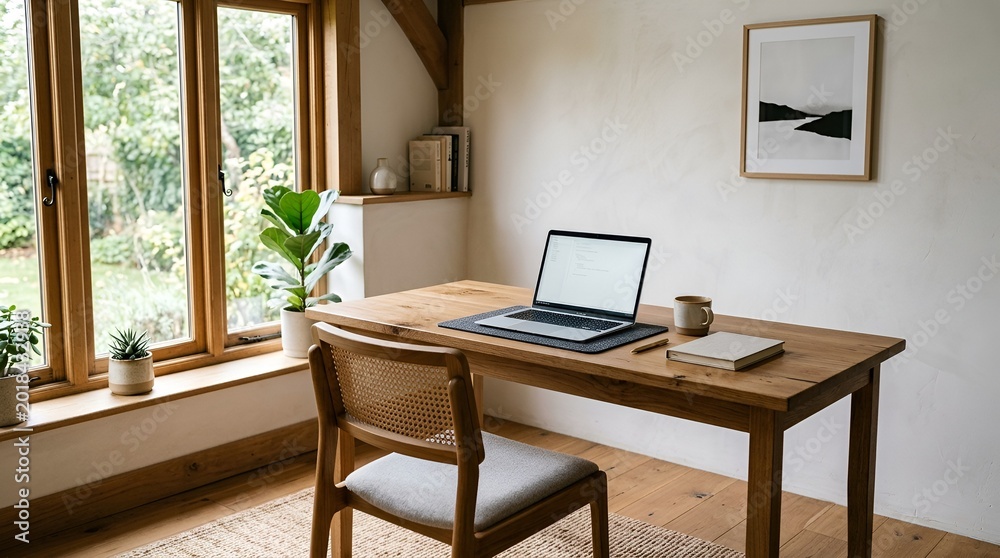 Fototapeta premium Cozy Home Office Workspace with Wooden Desk and Natural Light