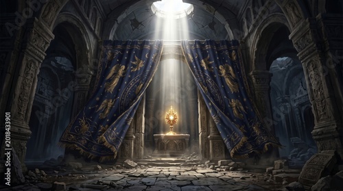 Golden Religious Monstrance in Ancient Temple Sanctuary with Divine Light and Sacred Blue Curtains