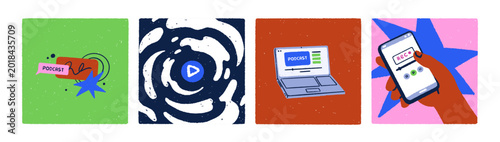International Podcast Day, square card designs set. Live audio stream, social...