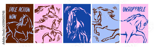 Horse posters in scribble sketch style set. Outline postcards with equine ani...