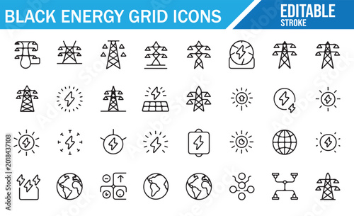 Electrical Grid Vector Icons with Editable Stroke for Energy Industry and Utility Design