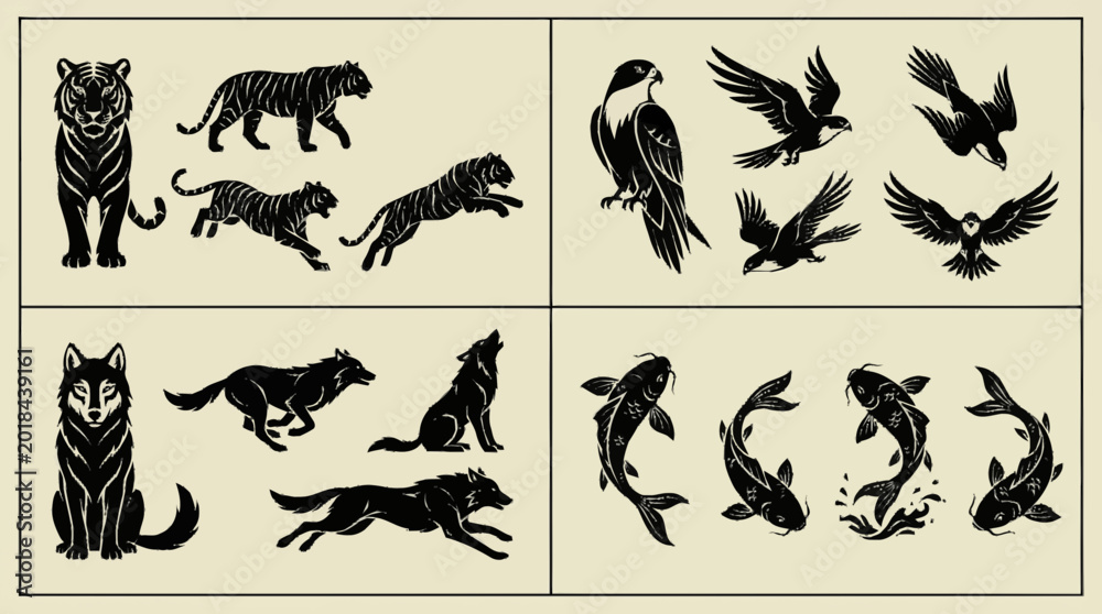 Fototapeta premium Collection of animal silhouettes including tiger wolf bird and fish