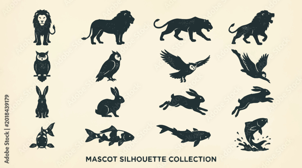 Fototapeta premium Mascot silhouette collection with various animal icons on beige background