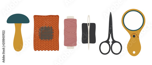 Tableau sur toile Darning Mushroom and Sewing Tools Set for Mending Clothes, Flat Lay Illustration