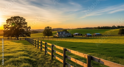 Peaceful rural farm at sunset with white fence, mature trees, and traditional farmhouse in rolling green fields. Golden hour light creates warm tones across the pastoral scenery.