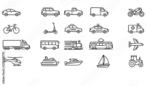Quadro em tela Transportation icons set vehicles modes of transport linear style