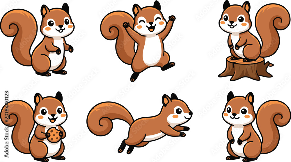 Fototapeta premium Adorable Kawaii Squirrel Character Poses Vector Illustration Set Featuring Cute Brown Squirrel Standing, Jumping, Running, Sitting on Stump, and Holding Cookie in Cartoon Style