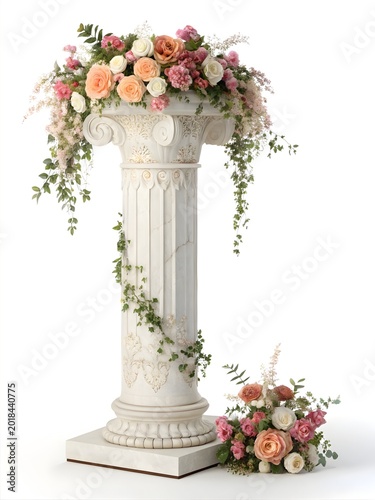 Classic pedestal with floral arrangement, roses, and greenery on a white background, wedding decor.
