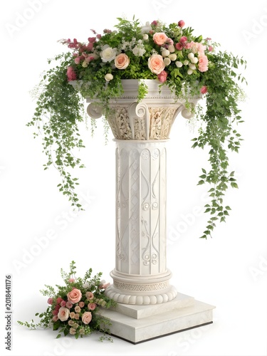Classic pedestal with floral arrangement, roses, and greenery on a white background, wedding decor.