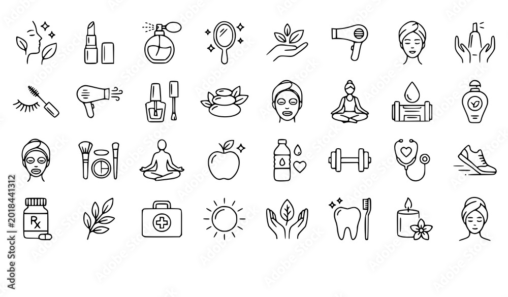 Fototapeta premium Wellness and beauty line icons set health spa and self care concepts