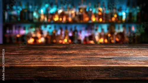 Empty rustic wooden bar top with blurred bottles of spirits in background