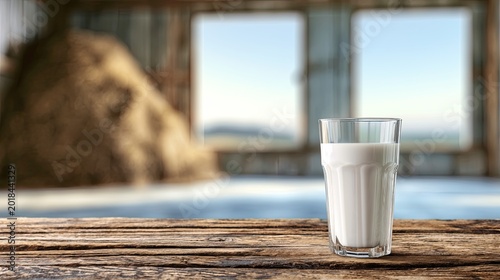 A tall glass of fresh white milk rests on a rustic wooden table