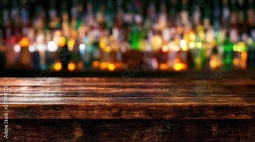 Rustic wooden bar counter in front of a blurry, colorful display of bottles
