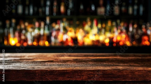 Rustic wooden bar counter in front of softly lit, out-of-focus liquor bottles