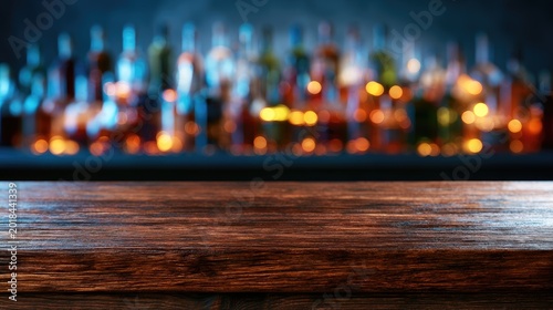 Blurred bottles of spirits glow behind a rustic wooden bar surface