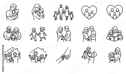 Photos Family line icons set relationships parenthood and generational bonds