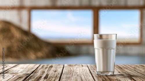 Refreshing glass of white liquid on rustic wooden table, bright outdoors
