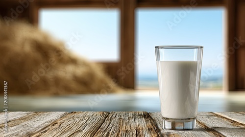 A tall glass of creamy white liquid sits on a rustic wooden table in a barn