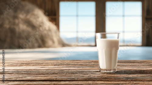 A glass of milk sits on a wooden table with a farm scene in the background