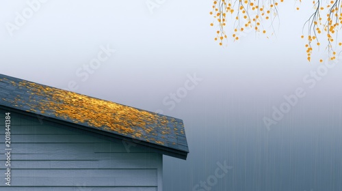 A close-up of a weathered roof covered in autumn leaves against a misty background