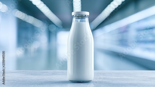 A clear glass bottle filled with opaque white liquid stands on a textured surface