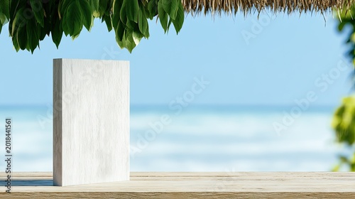 A blank white book stands on a wooden surface by the ocean